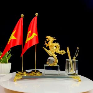 Hộp Đựng Bút Doanh Nhân Rồng Phú Quý 2 Cờ Chất Liệu Đồng Mạ Vàng và Pha Lê K9 Cao Cấp Hộp bút để bàn Quà Tặng Sếp