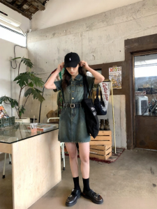 NIHAOKANONG | Đầm Denim Phong Cách Retro Mid-Length Tay Ngắn