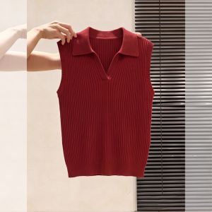 Red Collarless Sleeveless Vest Stylish Slender Elegant Knit Top
