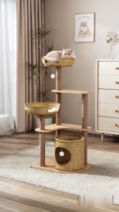 Natural Rattan Cat Tree Tower Multi-Level Cat Condo with Scratching Posts Perch & Cozy House for Indoor Cats