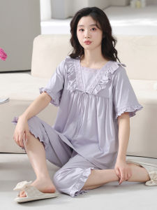 miiow | Pure Cotton Summer Sleepwear Womens Short Sleeve Seven-Piece Pants Cool Feeling Home Clothes Set Comfortable Breathable Casual