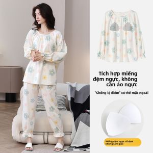 Bộ đồ ngủ nữ MiiOW vải cotton dài tay có đệm ngực viền bèo - mùa hè thu