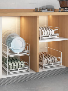 Kitchen Cabinet Drawer Style Dishware Storage Box Sink Mounted Pull out Bowl Plate Rack Partitioned Metal Dish Storage Shelf