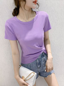 Cross Knot High Waist Short Sleeve Womens T-Shirt Belly Baring Purple Top Korean Style Slim Fit Cotton Blend Summer Fashion