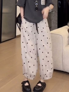 Quần Dài Thường Ngày Họa Tiết Chấm Bi Cạp Co Giãn Cho Nữ Mùa Hè Mới Cỡ Lớn Che Giấu Mỡ Nhỏ Rộng Rãi Chín Điểm Quần Ống Rộng