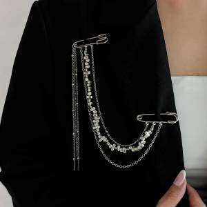 KunJoe Trend Silver Color Metal Long Tassel Chain Brooches for Women Retro Irregular Acrylic Beads Brooch Suit Collar Pins Clip