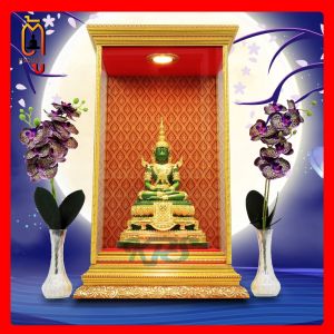 ตู้ครอบพระ ตู้ใส่พระ ตู้พระ ตู้โชว์ กล่องกระจกใส่พระ ตู้ครอบพระฉากหลังลายไทยเทพพนม ครอบพระ พระพุทธรูป ครอบพระติดไฟดาวน์ไลท์