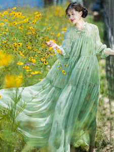 Romantic Print Loose Long Dress Womens Summer Elegant Ruffle Collar Splice Skirt V-Neck A-Line Gown Vintage Style Polyester Nylon