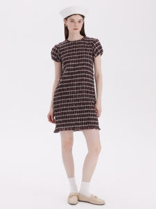 QINGLING New York Girl Feel Wine Red Plaid Bubble Sleeve Retro Gathered Breathable Short Dress Womens Cotton A-line Summer Dress