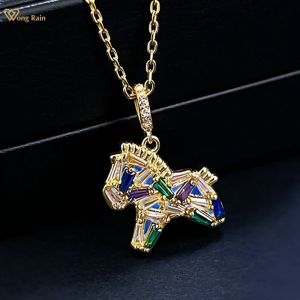 Wong Rain Real 925 Sterling Silver Lab Sapphire High Carbon Diamond Gems Colorful Foal Pendant Necklace Fine Jewelry Wholesale