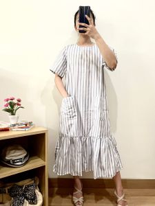 ●ECLAIRE● 063 Dress Midi Mermaid Duyung Salur Stripe Garis-garis Lengan Pendek Shortsleeves Pocket Korea Kasual Santai Kerja 639