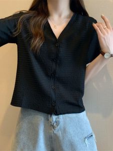 Short Sleeve Summer Shirt for Women Large Size Hemp Blend V-Neck Design Slimming White Casual Work Clothing