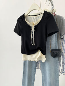 YIFENGXIN | Layered Bow Decorative Short Sleeve T-shirt Fitted Shoulder Design Peplum Hem