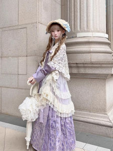 ชุดฮันฟูสีม่วง เสื้อคลุมคาร์ดิแกนเปิดคอกลม กระโปรงทรงเอ สีม่วง ฤดูหนาว 2024 ชุดฮันฟูสไตล์โลลิต้าผสมจีน