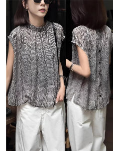 WANGGONGZHU | เสื้อเชิ้ตผ้าชีฟองคอตั้งแขนกุดสำหรับผู้หญิง ฤดูร้อน 2025 ดีไซน์ใหม่ ทรงหลวม สไตล์เกาหลี เสื้อเชิ้ตคอกลมแขนสั้น