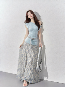 YIKEXIAOYEMEI | Chân Váy Plaid A-Line Mid-Length Elegance Dây Nịt Cao