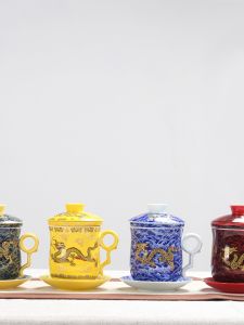 Ceramic Gongfu Tea Set of 4 Teacups with Lids for Brewing Flower Tea Office Use Traditional Chinese Style Glazed under Color