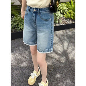 Summer High Waist Lace Trim Straight Folded Cuff Jeans Shorts Wide Leg Loose Fit Comfortable Bootcut Capri Pants for Women
