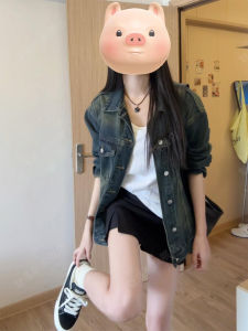 American Retro Street Worn Looking Washed-out Denim Outwear Female Fall and Winter New Arrival Mid Length Long Length Loose Versatile Jacket Top