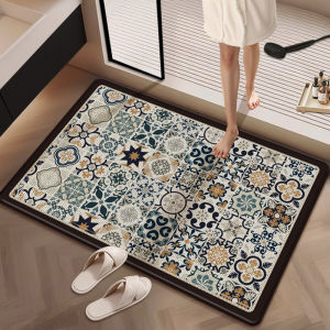 VIKAMA Retro Ethnic Bathroom Mat Boho Floral Tile Print Non‑Slip Absorbent Mat for Toilet Indoor Home Decor