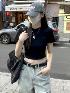 Áo Thun Nữ Tay Ngắn Cạp Cao Áo Lót Áo Khoác Mùa Hè Áo Thun Bó Sát Áo Thun Cổ Tròn Áo Thun Màu Trơn Áo Thun Thời Trang