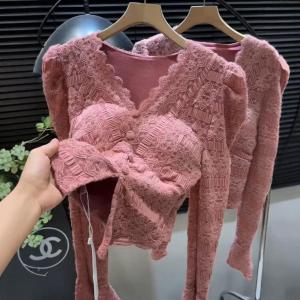 Short French Style Lace Shirt V-Neck Womens Inner Wear Fleece Lined Base Layer Top for Autumn Winter Commute Regular Fit Long Sleeve