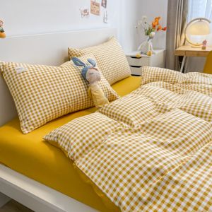 INS Japanese Washed Cotton Four-Piece Set Summer Simplicity Gingham Quilt Cover Fitted Sheet Student Dormitory Bed Single 3 PCs Set 4