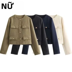 MUJER Tweed Áo Khoác Ngắn Cho Nữ Vintage Dài Tay Có Chi Tiết Nút Áo Khoác Ngắn Phong Cách Công Sở Thanh Lịch Có Túi