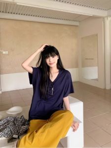 Áo Thun Nữ Cổ Chữ V Tay Ngắn Mùa Hè Màu Xanh Lam Tím Cơ Bản Dáng Rộng Thoải Mái Thường Ngày Vai Áo Dài Nửa Tay