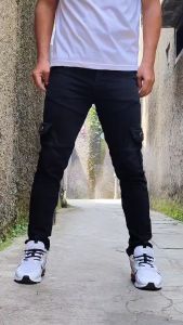 Celana Cargo Jeans Pria Dewasa Clana Panjang Kargo Cowok Keren Pakaian Laki Laki Hitam Slimfit