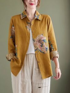 เสื้อเชิ้ตผู้หญิงแขนยาวพิมพ์ลายผ้าฝ้ายลินินสไตล์ย้อนยุคแบบหลวมๆ ฤดูใบไม้ผลิและฤดูใบไม้ร่วง ไซส์ใหญ่ เสื้อผ้าทำงานสไตล์เกาหลี