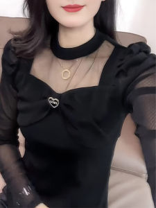 UYFY | Fashionable Black Long Sleeve T-Shirt with Lace Insert and Puffed Sleeves