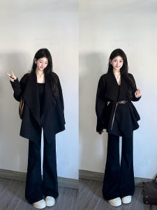 XUECAIQI | Irregular Black Notch Lapel Top with High Waist Flared Pants Set