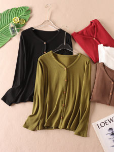 Slim Looking Threaded Cotton Single-Breasted Long Sleeve T-shirt Female Easiest for Match Basic Pure Color Autumn New V-neck Stretch Tops B824