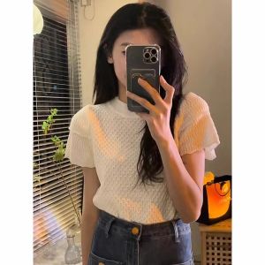 HUOLISI | French White Puff Sleeve Ice Silk Knit Top
