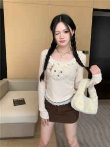 Slimming Sweet Pet Dog Lazy Style Womens Winter Inner Wear Long Sleeve T-Shirt Casual Style Breathable Comfortable Polyester