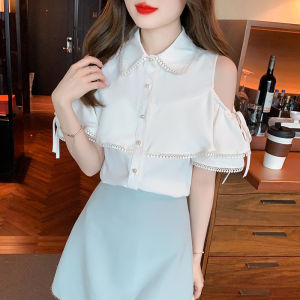 AMMIN summer new off-shoulder Short Sleeve sweet peplum stitching chiffon blouse Womens Korean version style binding lotus sleeve design Embroidery hook floral Hollowed out lace stitching elegant blouse