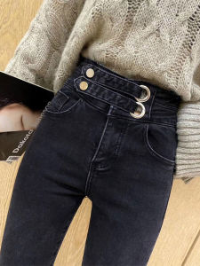High Waist Denim Jeans Womens Fall Winter New Style Double Buckle Slimming Ankle Length Elastic Pencil Pants Black Trousers