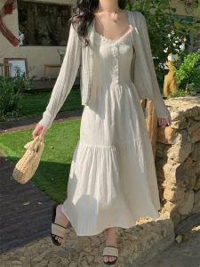 Korean Style White V-Neck Strap Dress Womens New Summer 2025 Holiday Slimming Gentle First Love Long Dress Fairy Atmosphere Spring Summer