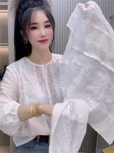 Spring 2025 Womens Loose Casual Long Sleeve Lace Patchwork Shirt Design Sensation Slimming Top Vintage Style Commute Fashion