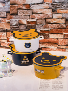 Cute Ceramic Noodle Bowl with Lid Easy to Clean Double Ear Bear Design for Couples Student Dormitory Ins Style Cartoon Bowl