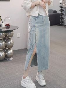 Retro Chinese Style Asymmetrical High Waist Denim Mini Skirt Womens Spring New Design Slimming Bodycon Midi Skirt