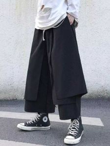 Dark Style Fake Two-Piece Wide Leg Pants Mens Straight Leg Asymmetrical Hip Hop Style Nine-Piece Casual Pants