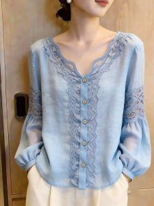 KUNAILIN | Lace V-neck Fashionable Blue Long Sleeve Blouse