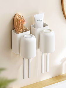 ตู้เก็บของสำหรับแปรงสีฟันแบบติดผนัง ไม่ต้องเจาะ ชั้นวางของสำหรับแก้วชุบปาก แก้วชุบแปรงสีฟัน อุปกรณ์ทำความสะอาดในบ้าน ดีไซน์เรียบง่าย สไตล์ญี่ปุ่น
