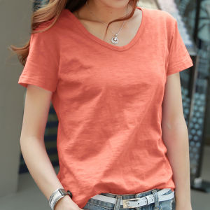 Loose Fit Pure Cotton V-Neck Short Sleeve T-Shirt Womens Orange Base Shirt Simple Style Online Exclusive Summer New Arrival