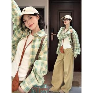 Retro American Plaid Long Sleeve Shirt Womens Spring Autumn Loose Meat Covering Shirt Coat Top Hong Style Casual Style