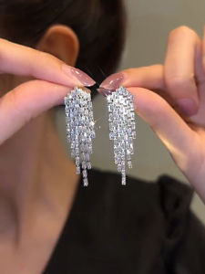 Elegant Long Luxury Zircon Tassel Silver Needle Earrings Fashionable High-End Womens Ear Jewelry
