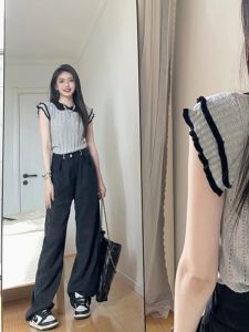 French Hollow Ice Silk Short Sleeve Knitted Shirt Womens Slim Fit Thin T-shirt Summer Fashion round Neck Line Splicing Style