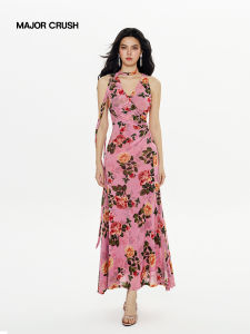 Tea Rose Print V-Neck Romantic Retro Split Holiday Style Dress